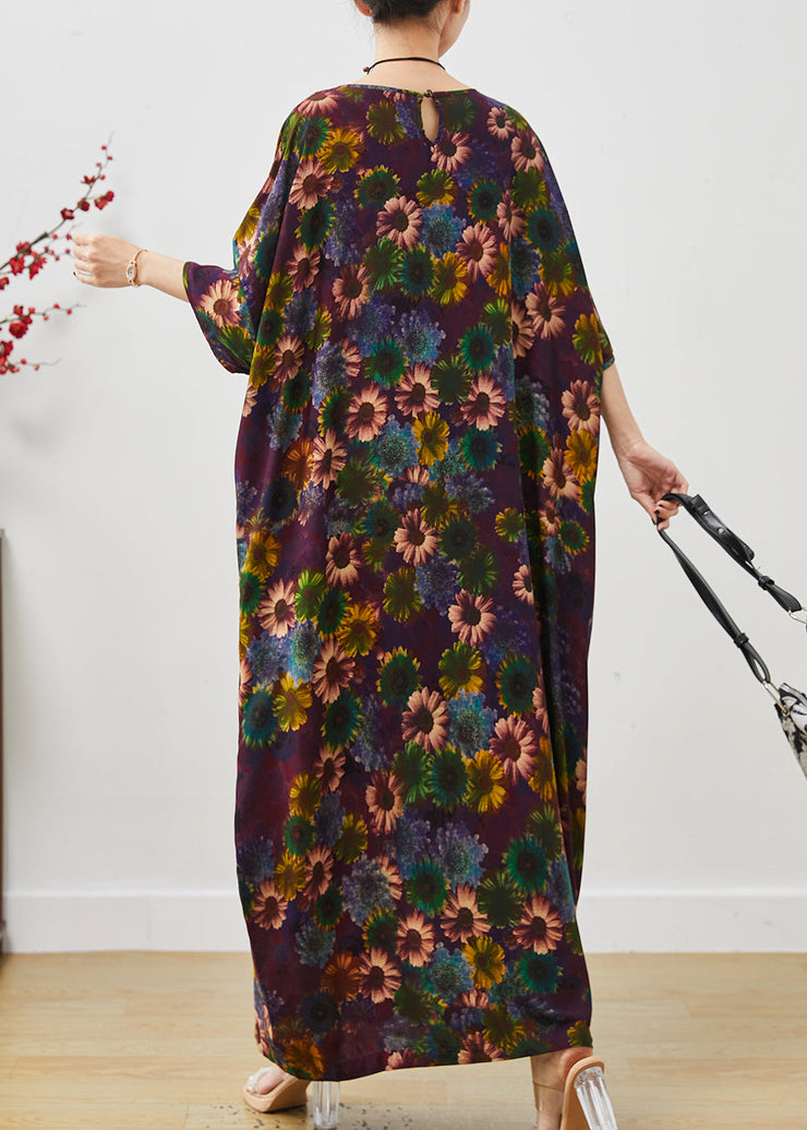 Stylish Dull Purple Oversized Sunflower Print Cotton Robe Dresses Summer