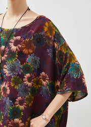 Stylish Dull Purple Oversized Sunflower Print Cotton Robe Dresses Summer