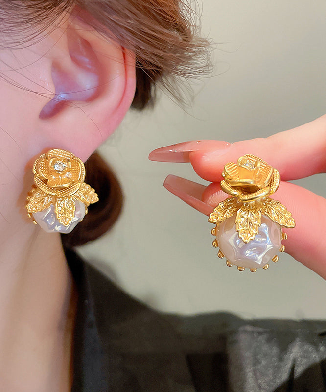 Stylish Gold Alloy Zircon Floral Pearl Stud Earrings