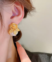 Stylish Gold Alloy Zircon Floral Pearl Stud Earrings