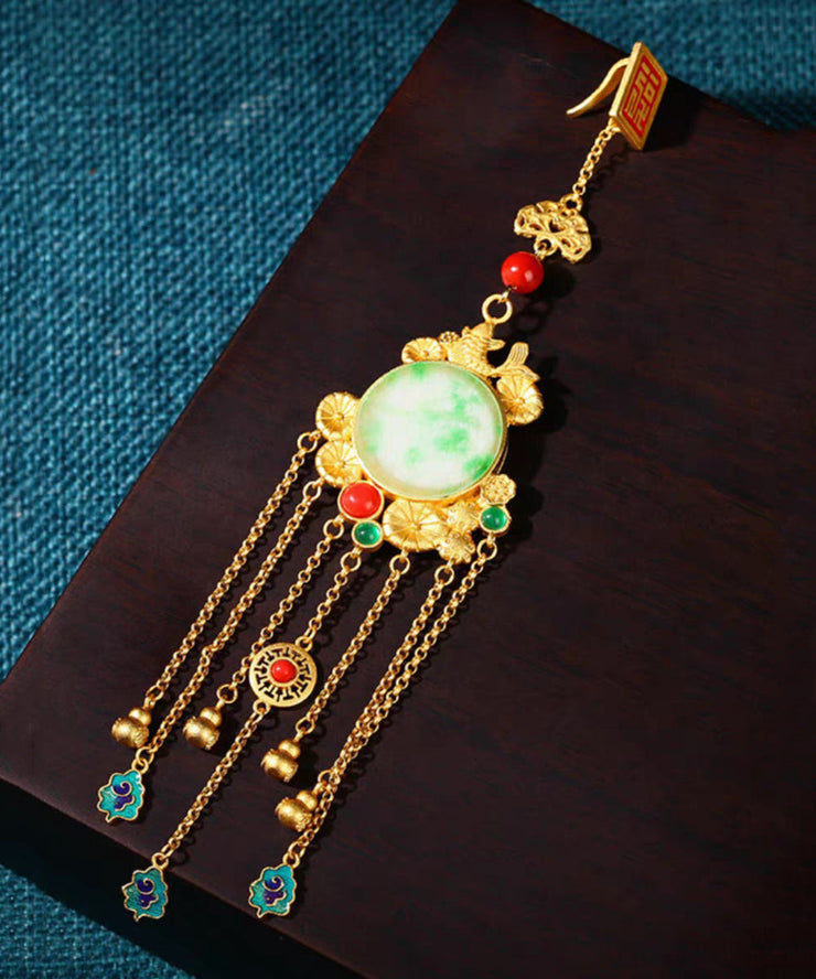 Stylish Gold Ancient Gold Auspicious Clouds Enamel Agate Tassel Brooches