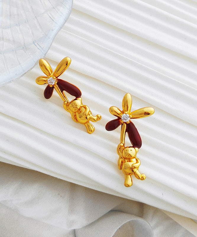 Stylish Gold Copper Overgild Oil Drip Zircon Little Bear Floral Stud Earrings