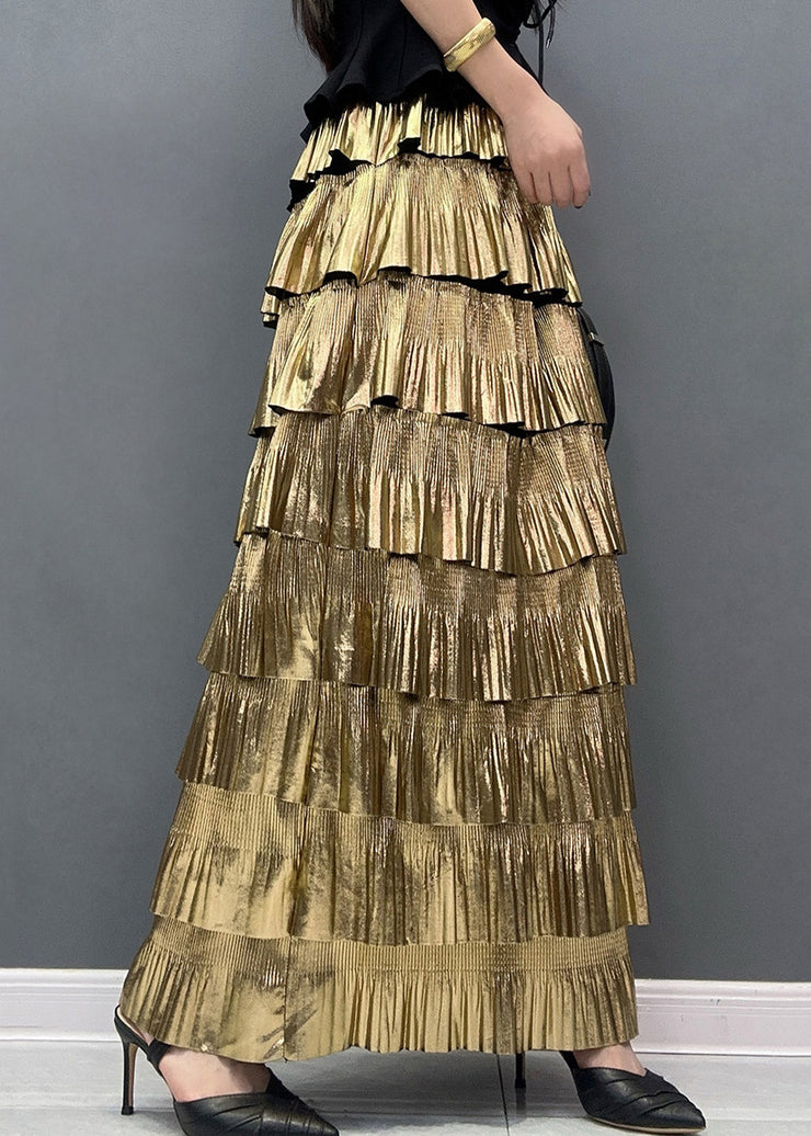 Stylish Gold High Waist Layered Wrinkled Skirts Summer