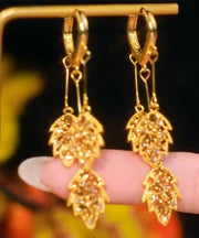 Stylish Gold Stering Silver Overgild Zircon Leaf Tassel Drop Earrings