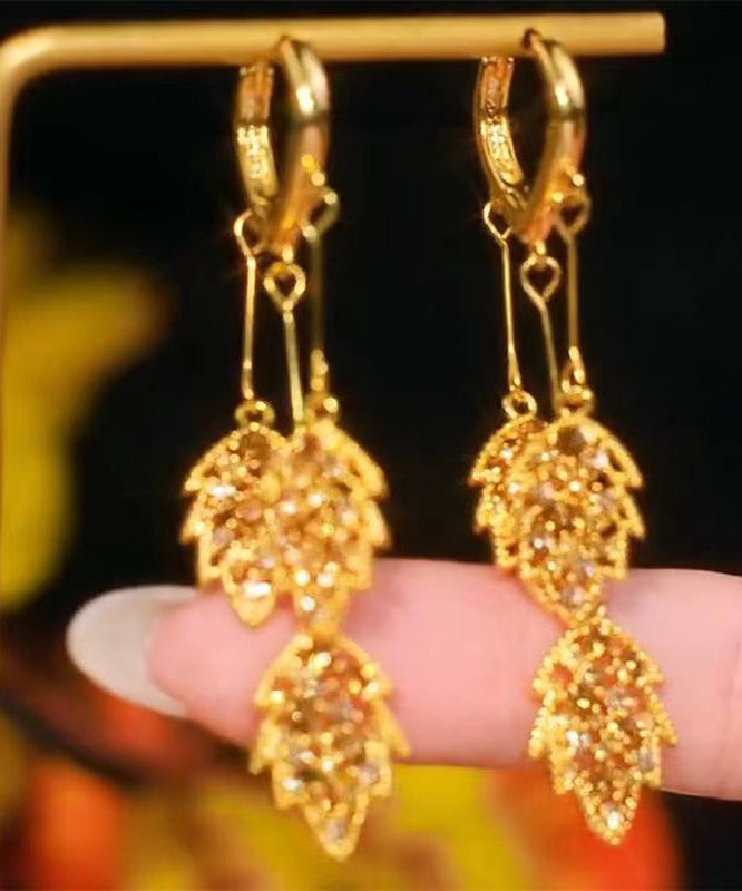 Stylish Gold Stering Silver Overgild Zircon Leaf Tassel Drop Earrings