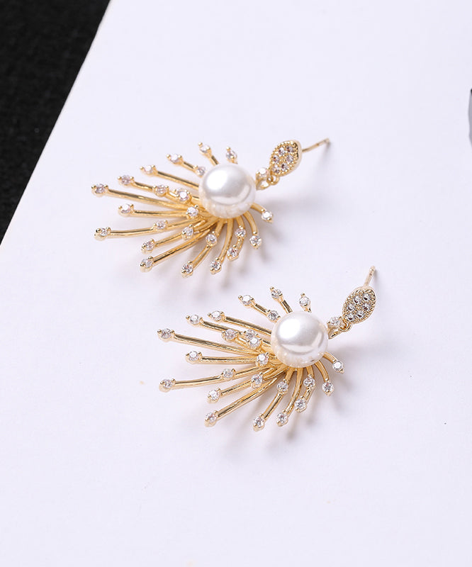 Stylish Gold Sterling Silver Copper Zircon Pearl Drop Earrings