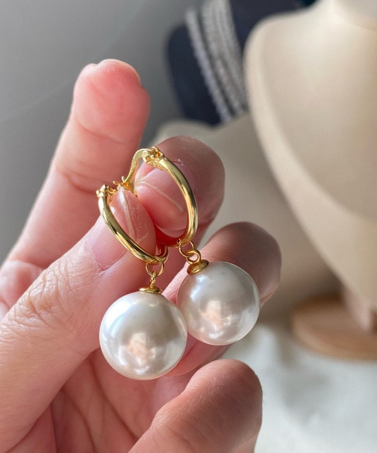 Stylish Gold Sterling Silver Overgild Pearl Hoop Earrings