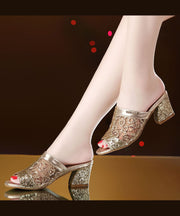 Stylish Gold Tulle Sequins Chunky Heel Slide Sandals