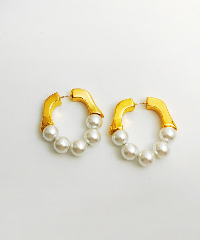 Stylish Gold White Colour Patchwork Copper Glass Pearl Hoop Earrings