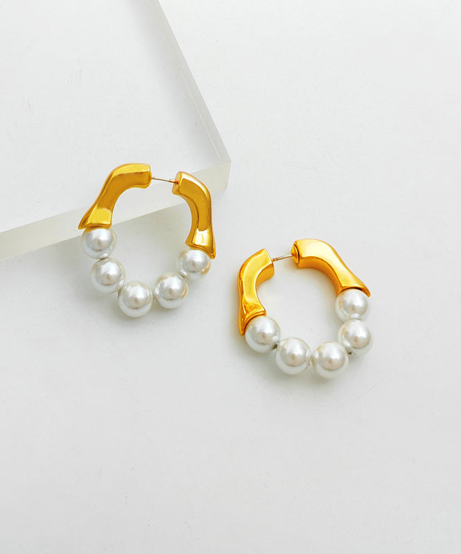 Stylish Gold White Colour Patchwork Copper Glass Pearl Hoop Earrings