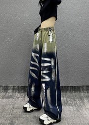 Stylish Gradient Blue Pockets Letter Denim Wide Leg Pants Fall