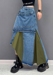 Stylish Green Asymmetrical Patchwork Denim Skirt Summer