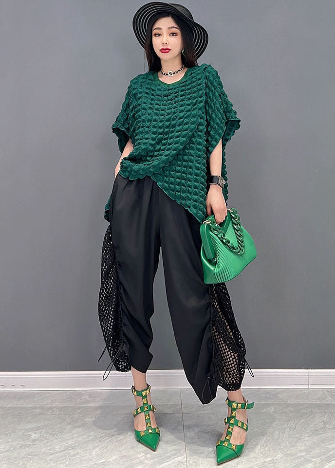 Stylish Green Asymmetrical Plaid Patchwork Tulle Hollow Out Silk Two Piece Suit Set Short Sleeve