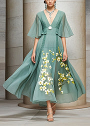 Stylish Green Cinched Print Chiffon Robe Dresses Summer