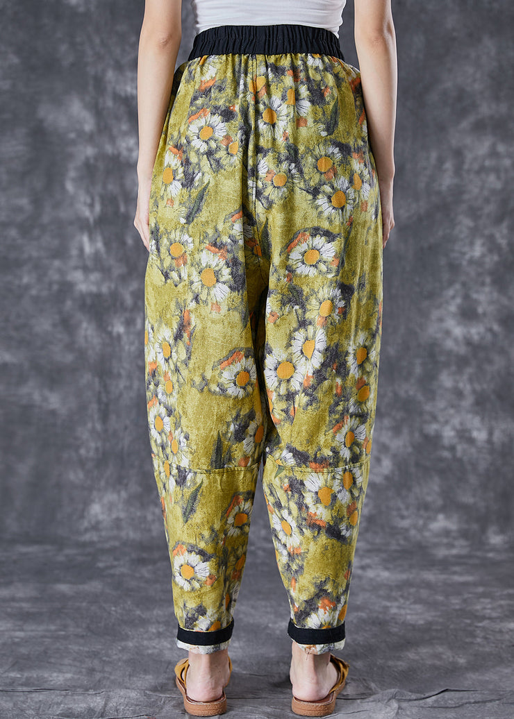 Stylish Green Elastic Waist Patchwork Print Cotton Harem Pants Summer