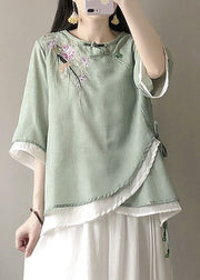 Stylish Green Embroideried Asymmetrical Linen Blouse Top Summer