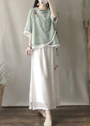 Stylish Green Embroideried Asymmetrical Linen Blouse Top Summer