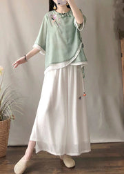 Stylish Green Embroideried Asymmetrical Linen Blouse Top Summer