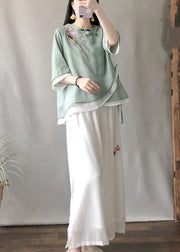 Stylish Green Embroideried Asymmetrical Linen Blouse Top Summer