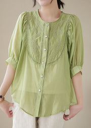 Stylish Green Embroideried Wrinkled Patchwork Cotton Shirts Summer