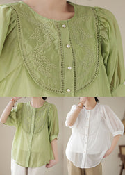 Stylish Green Embroideried Wrinkled Patchwork Cotton Shirts Summer