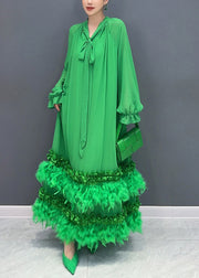 Stylish Green Feather Lace Up Patchwork Chiffon Maxi Dress Long Sleeve