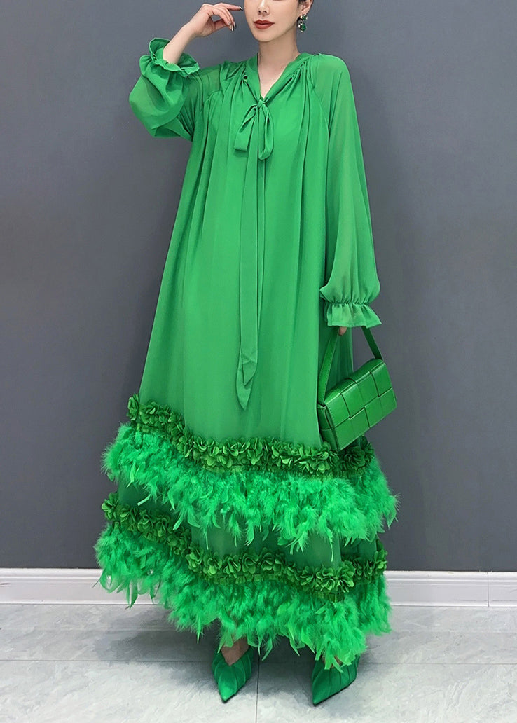 Stylish Green Feather Lace Up Patchwork Chiffon Maxi Dress Long Sleeve