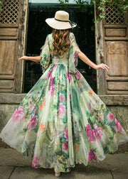 Stylish Green Floral V Neck Chiffon Beach Long Dresses Flared Sleeve