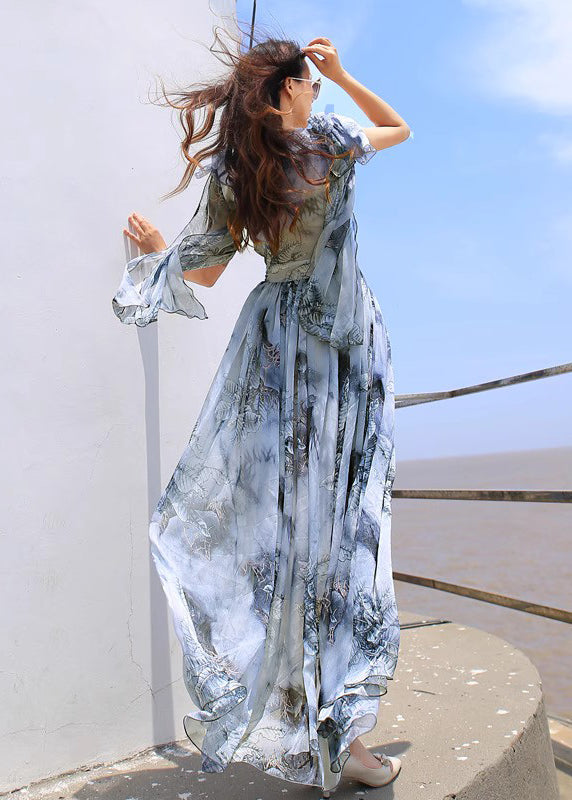 Stylish Green Floral V Neck Chiffon Beach Long Dresses Flared Sleeve