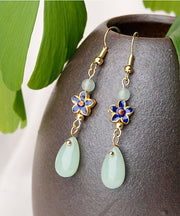 Stylish Green Jade Droplet Shape Cloisonne Metal Drop Earrings