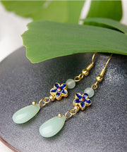 Stylish Green Jade Droplet Shape Cloisonne Metal Drop Earrings