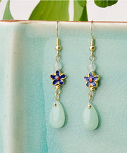 Stylish Green Jade Droplet Shape Cloisonne Metal Drop Earrings