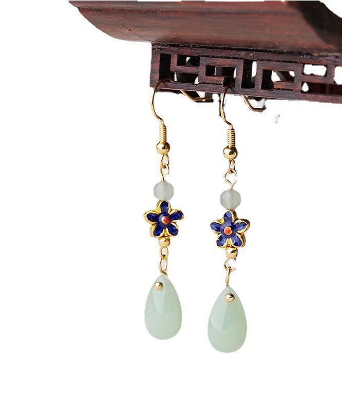 Stylish Green Jade Droplet Shape Cloisonne Metal Drop Earrings