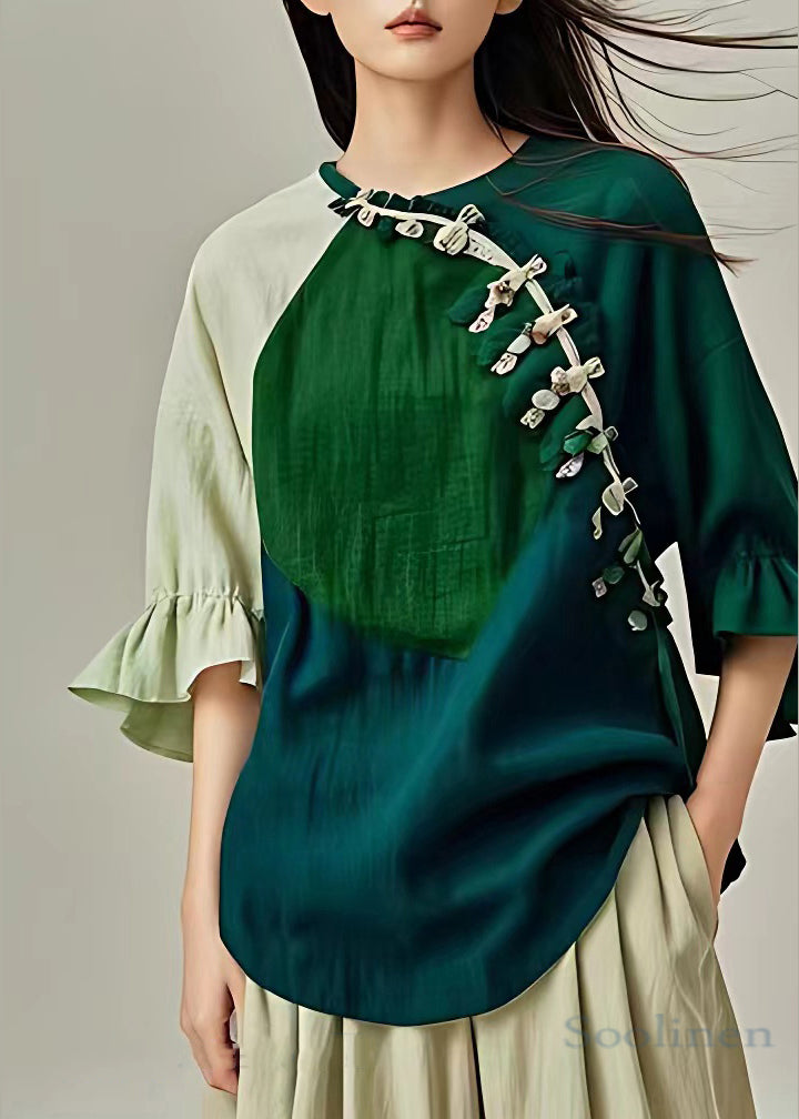 Stylish Green O Neck Button Cotton Blouses Flare Sleeve