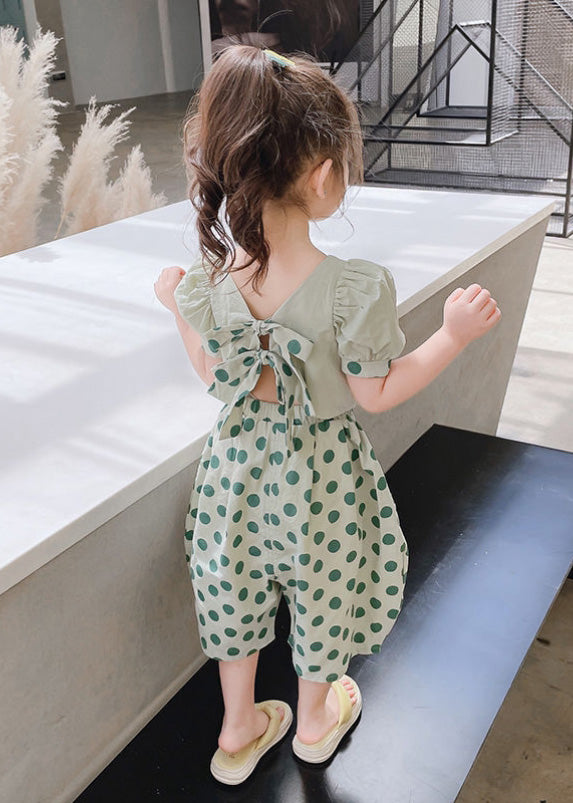 Stylish Green O-Neck Print Cotton Girls Top And Crop Pants Two Pieces Set Short Sleeve