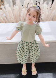 Stylish Green O-Neck Print Cotton Girls Top And Crop Pants Two Pieces Set Short Sleeve