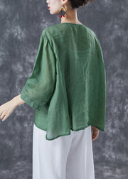 Stylish Green Oversized Chinese Button Linen Silk Blouses Bracelet Sleeve