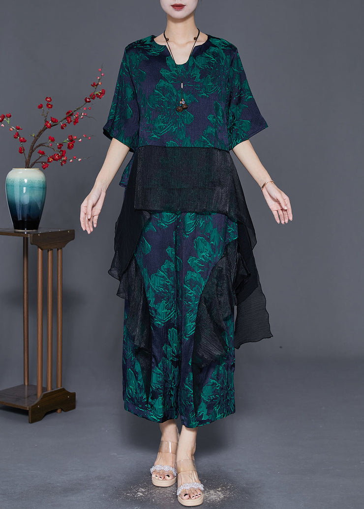 Stylish Green Oversized Patchwork Print Silk Two-Piece Set Fall