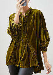 Stylish Army Green Oversized Wrinkled Silk Velour Shirt Spring