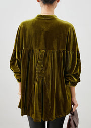 Stylish Army Green Oversized Wrinkled Silk Velour Shirt Spring