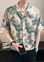 Stylish Green Print Button Cotton Men Shirts Summer