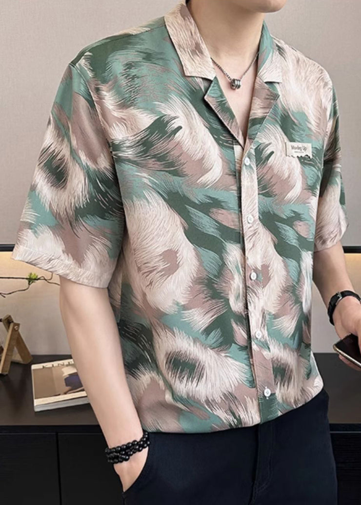 Stylish Green Print Button Cotton Men Shirts Summer