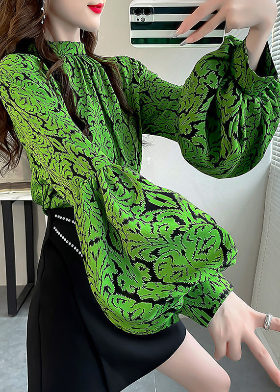 Stylish Green Print Stand Collar Chiffon Shirts Top Lantern Sleeve