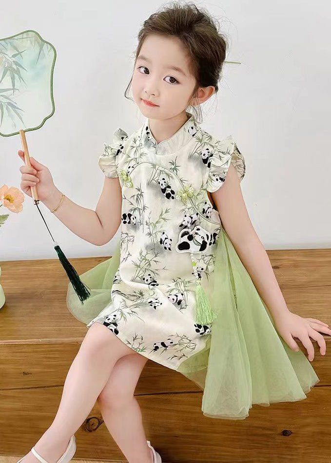 Stylish Green Print Tulle Patchwork Button Girls Mid Dresses Summer