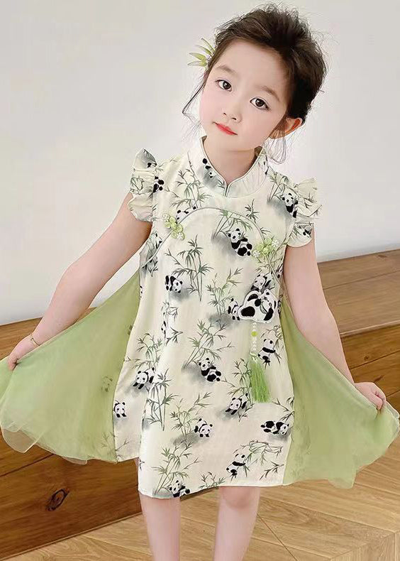 Stylish Green Print Tulle Patchwork Button Girls Mid Dresses Summer