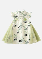 Stylish Green Print Tulle Patchwork Button Girls Mid Dresses Summer