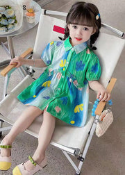 Stylish Green Ruffled Button Cotton Girls Shirt Dresses Summer