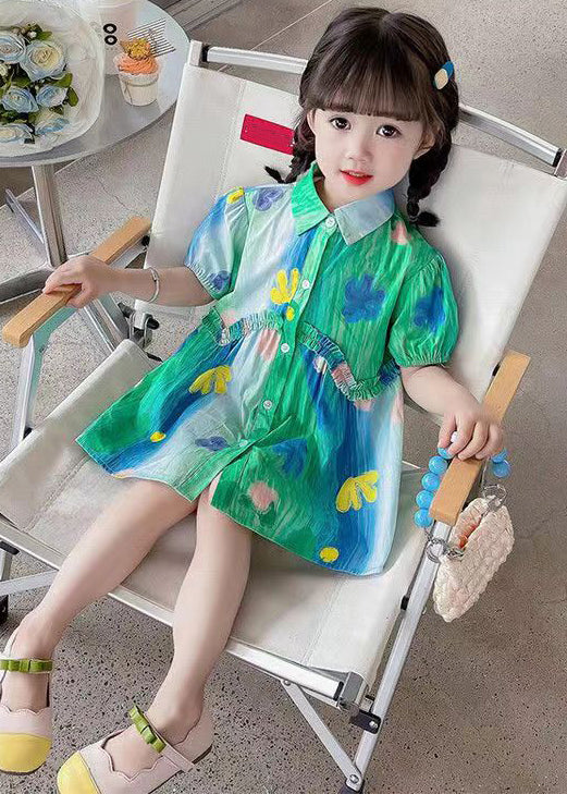 Stylish Green Ruffled Button Cotton Girls Shirt Dresses Summer