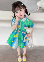 Stylish Green Ruffled Button Cotton Girls Shirt Dresses Summer