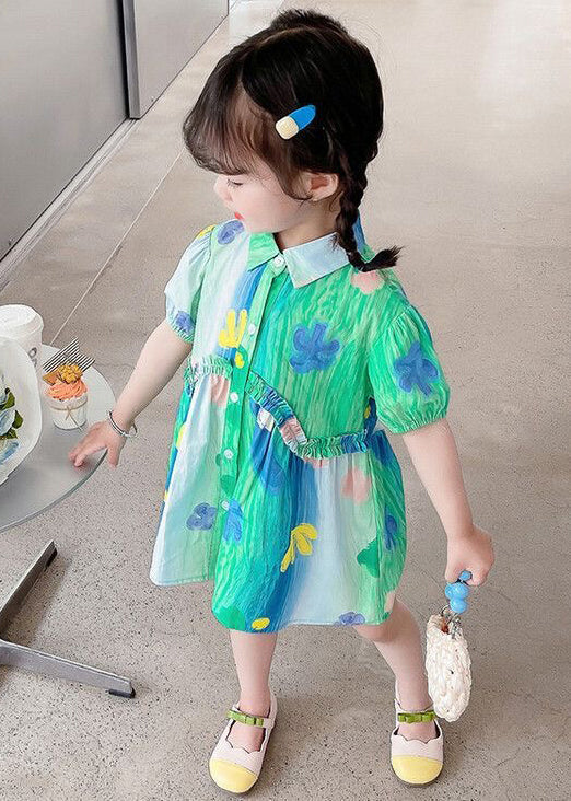 Stylish Green Ruffled Button Cotton Girls Shirt Dresses Summer